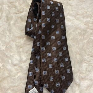 100% silk ENTRO men’s tie brown with tiny white dots  with blue accent squares